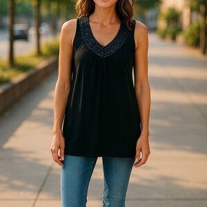 Women's Black Sleeveless Beaded Blouse – Emmelee, Size Small – 100% Polyester